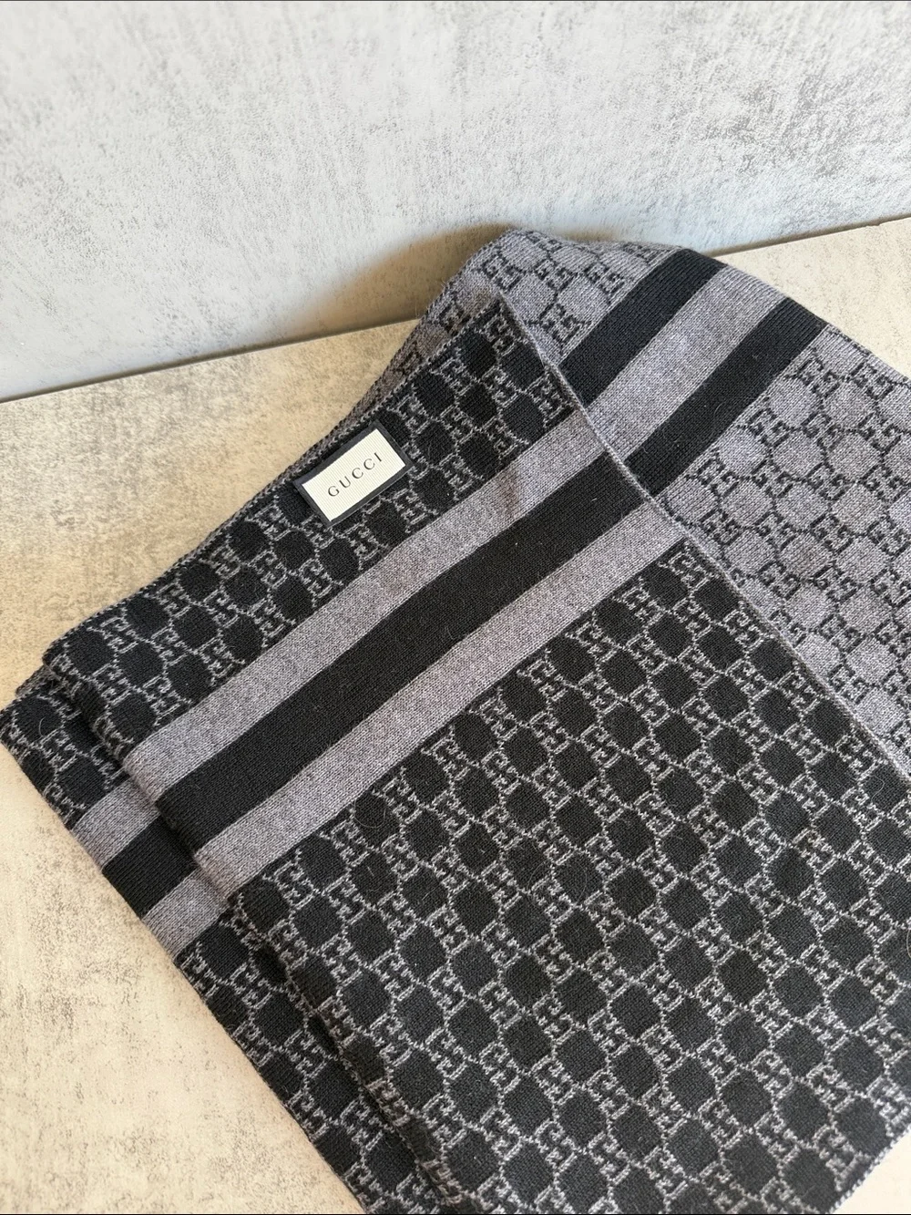 Gucci GG Monogram Wool Silk Scarf Gray Black Reversible